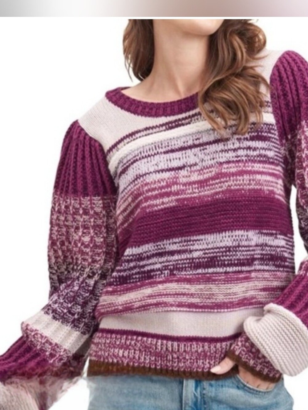 Splendid Chunky Knit Wine Striped Puff Sleeve Pullover Sweater